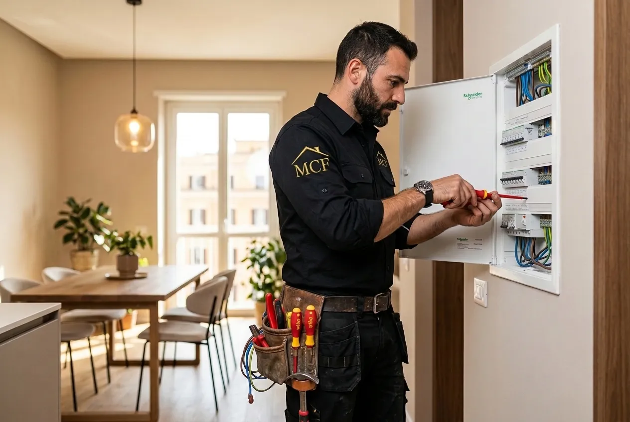 Tecnico MCF Impianti Roma al lavoro su un quadro elettrico